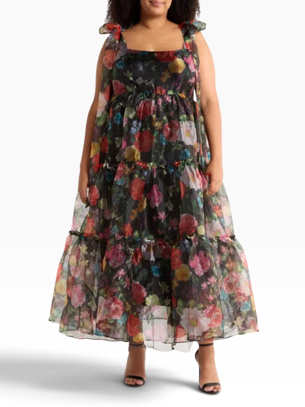 Chelsea28 Bow Shoulder Organza Maxi Dress Black Floral XL Tiered Whimsical